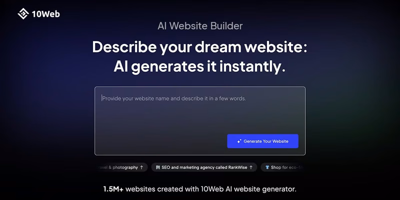 10Web AI Website Builder mit Eingabefeld für eine WordPress-Website