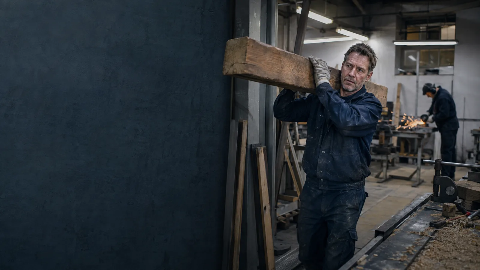 Webdesign für Handwerker 2 Handwerker trägt einen massiven Holzbalken durch eine Werkstatt